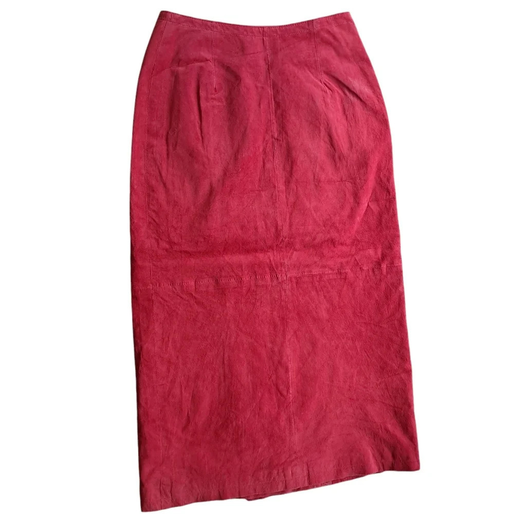 VTG 100% Genuine Natural Suede Leather Long Maxi Skirt Button Wrap Red Vintage - Picture 2 of 9